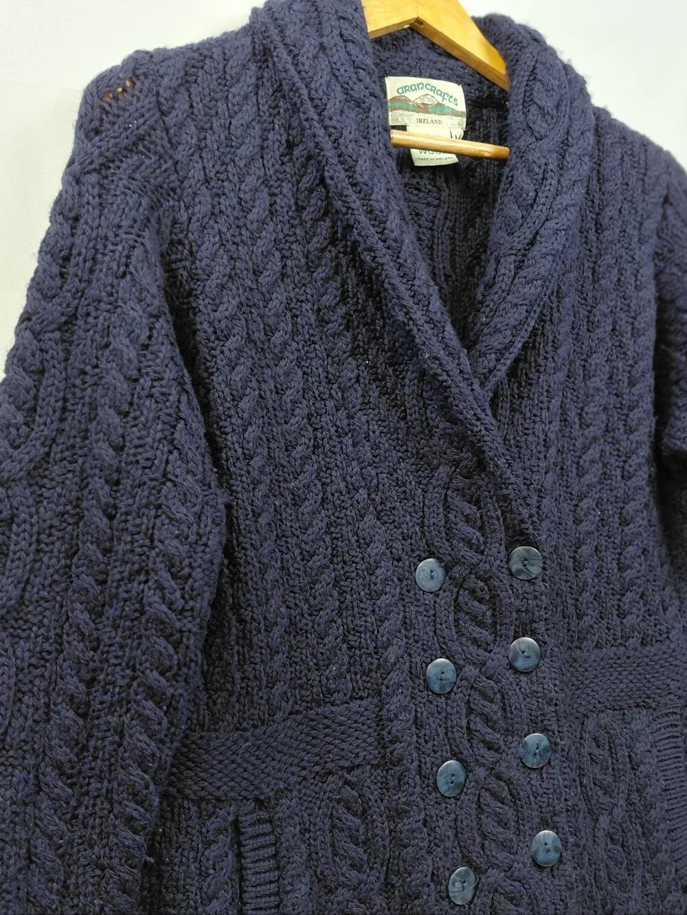 Aran Crafts Double Breasted Merino Wool Cardigan Women's Size Medium Navy Blue